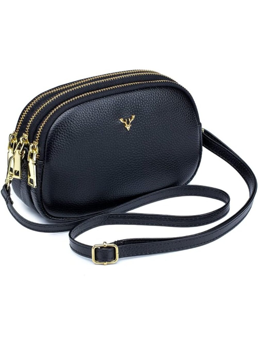 Genuine Leather Triple Zip Crossbody Bag Black Small Shoulder Purse for Women